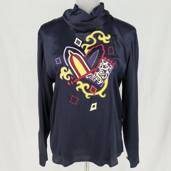 Escada Tops - Laurel Escada Top Womens 6 Navy Blue Silk Blouse Embroidered Mock Neck Vintage